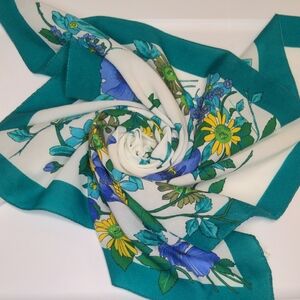 Vintage 60s Italy Scarf Floral Teal and White Garden Cottagecore Wild Flowers